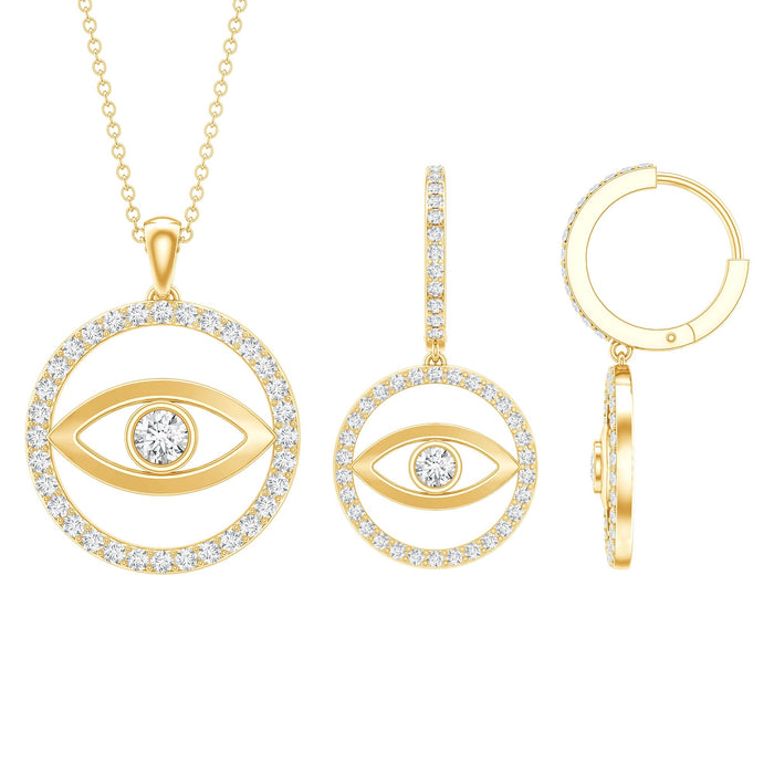 Rosec Jewels Certified Moissanite Evil Eye necklace and earrings jewelry set featuring eye-catching moissanite stones and elegant design.