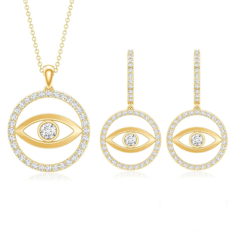 Rosec Jewels certified moissanite evil eye jewelry set featuring matching necklace and earrings with sparkling blue and silver accents.