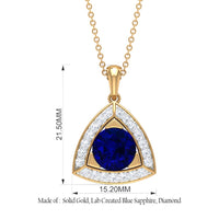 Created Blue Sapphire Triangle Pendant with Diamond Halo