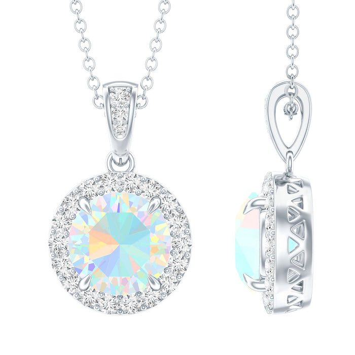 Ethiopian opal and moissanite halo pendant with silver chain, featuring a 2-carat center stone, from Rosec Jewels.