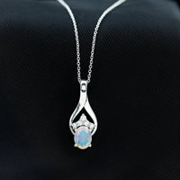 Natural Oval Ethiopian Opal and Moissanite Teardrop Necklace With Chain