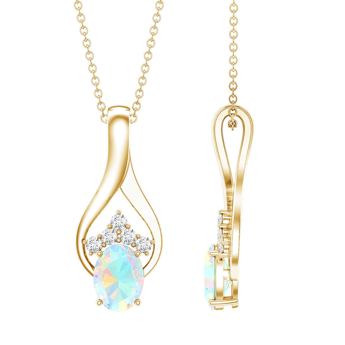 Natural oval Ethiopian opal and moissanite teardrop pendant necklace with chain, featuring vibrant gemstones and elegant design.