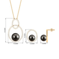 Open Oval Shape Necklace Earrings Set with Round Tahitian Pearl and Moissanite