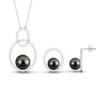 Open Oval Shape Necklace Earrings Set with Round Tahitian Pearl and Moissanite