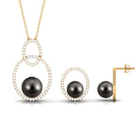 Open Oval Shape Necklace Earrings Set with Round Tahitian Pearl and Moissanite