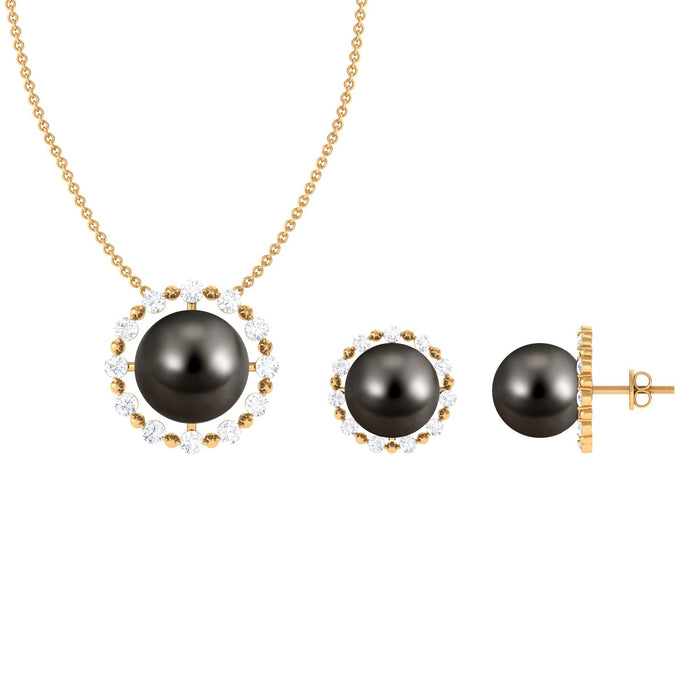 Tahitian black pearl jewelry set with modern necklace and earrings by Rosec Jewels featuring 24 carat pearls.