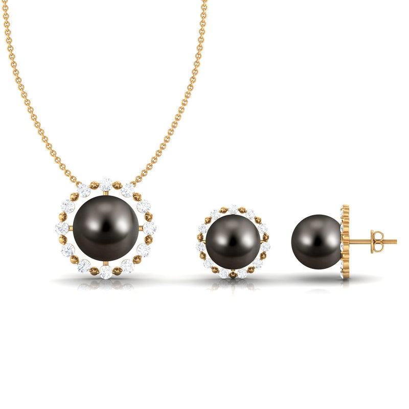 Tahitian black pearl jewelry set with modern necklace and earrings by Rosec Jewels, featuring lustrous 24 carat black pearls.