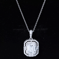 Vintage Style Emerald Cut Moissanite Halo Pendant Necklace