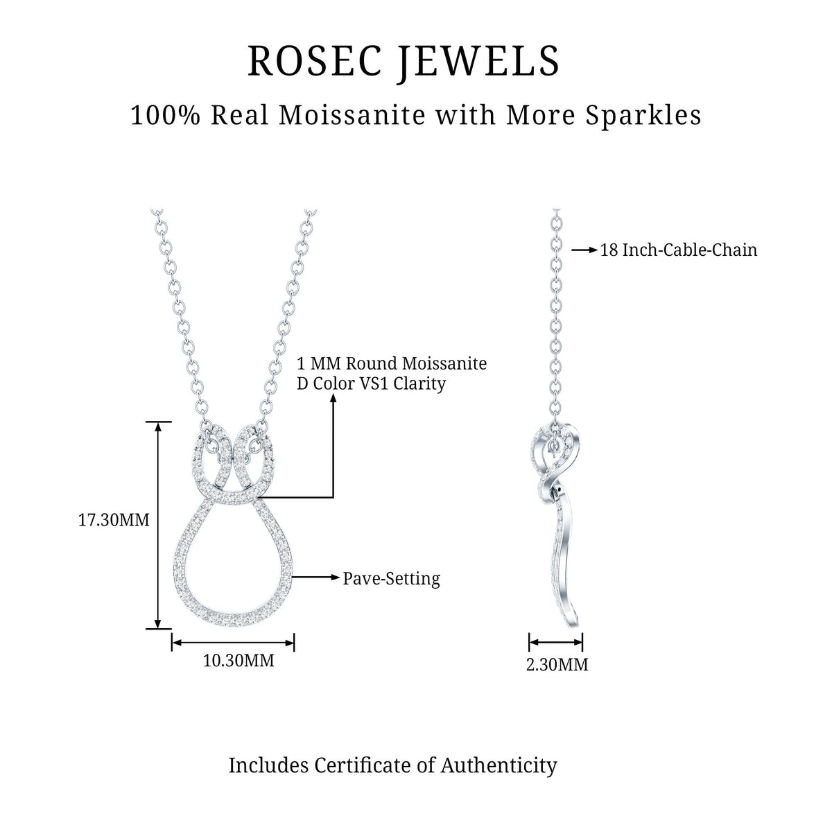 Certified Moissanite Twisted Infinity Necklace with Silver Chain
