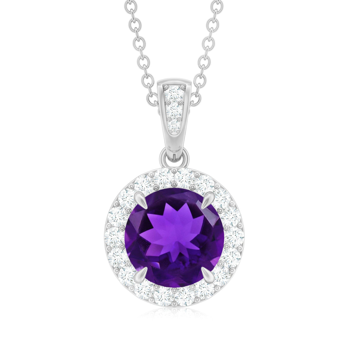 Natural 2 Carat Amethyst Pendant Necklace with Diamond Halo