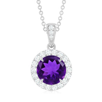 Natural 2 Carat Amethyst Pendant Necklace with Diamond Halo