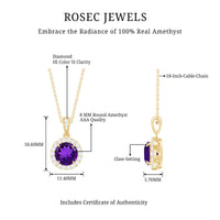 Natural 2 Carat Amethyst Pendant Necklace with Diamond Halo