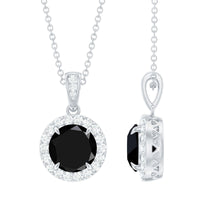 Real 2 Carat Black Onyx Pendant Necklace with Diamond Halo