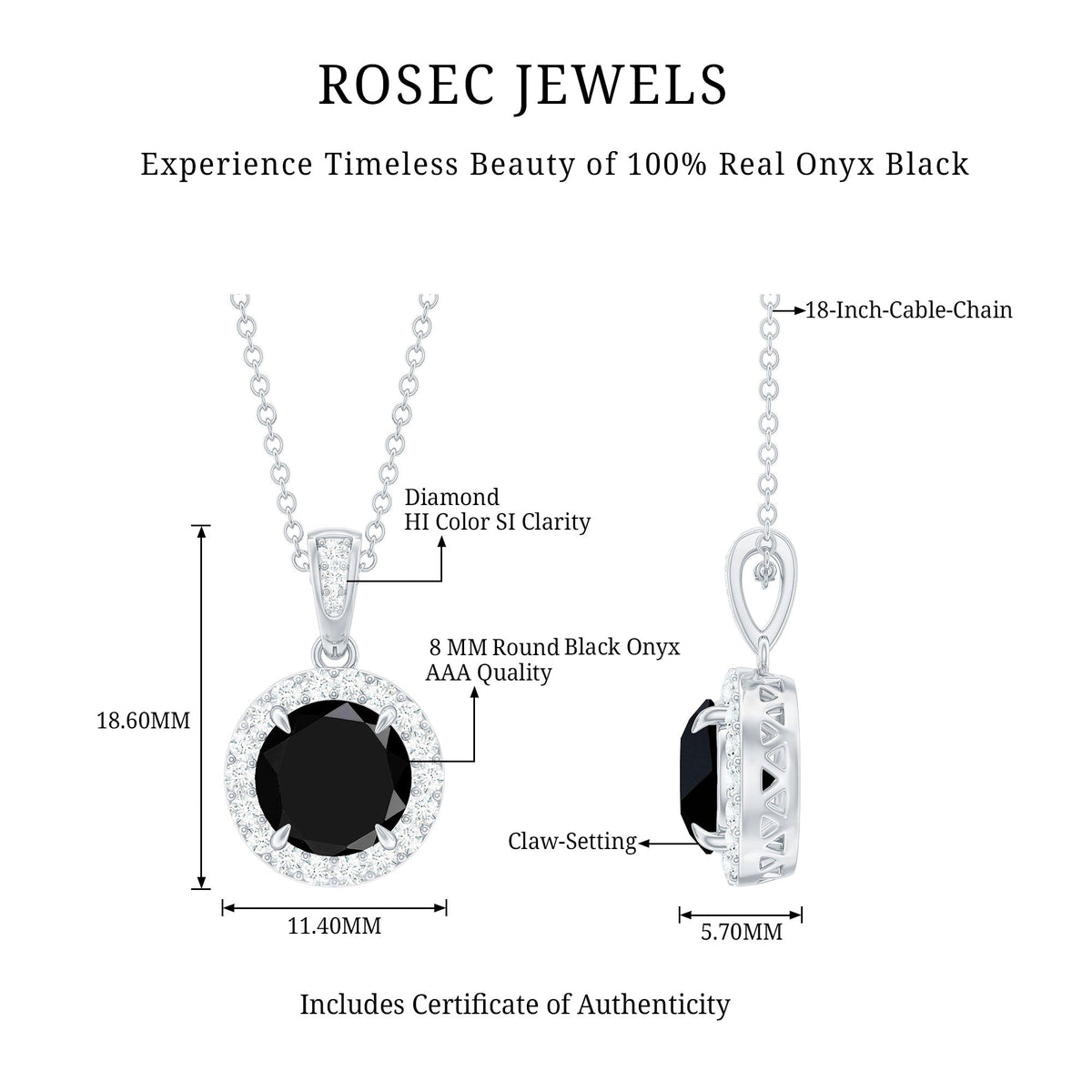Real 2 Carat Black Onyx Pendant Necklace with Diamond Halo