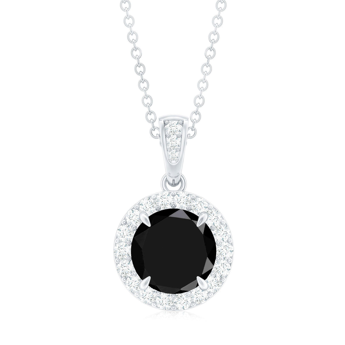 Real 2 Carat Black Onyx Pendant Necklace with Diamond Halo