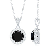 Real 2 Carat Black Onyx Pendant Necklace with Diamond Halo