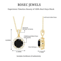 Real 2 Carat Black Onyx Pendant Necklace with Diamond Halo