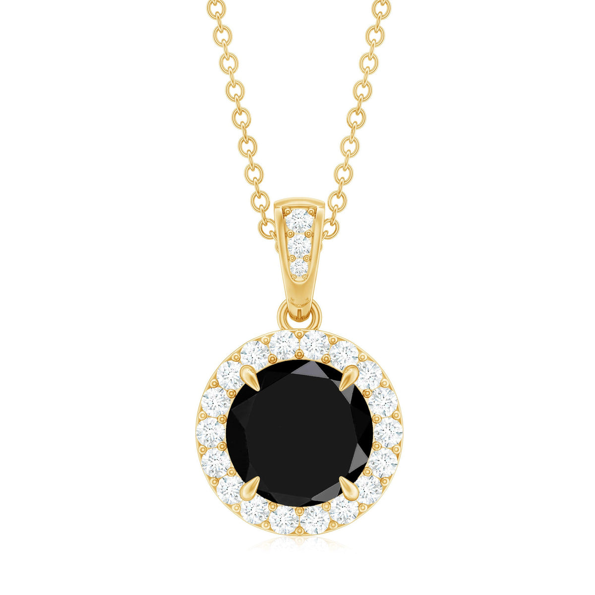 Real 2 Carat Black Onyx Pendant Necklace with Diamond Halo