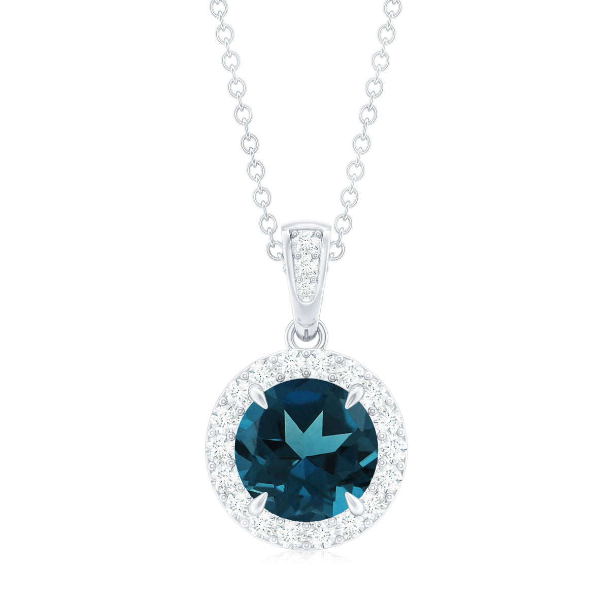 2 Carat London Blue Topaz Round Halo Pendant with Diamond