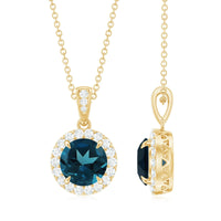 2 Carat London Blue Topaz Round Halo Pendant with Diamond