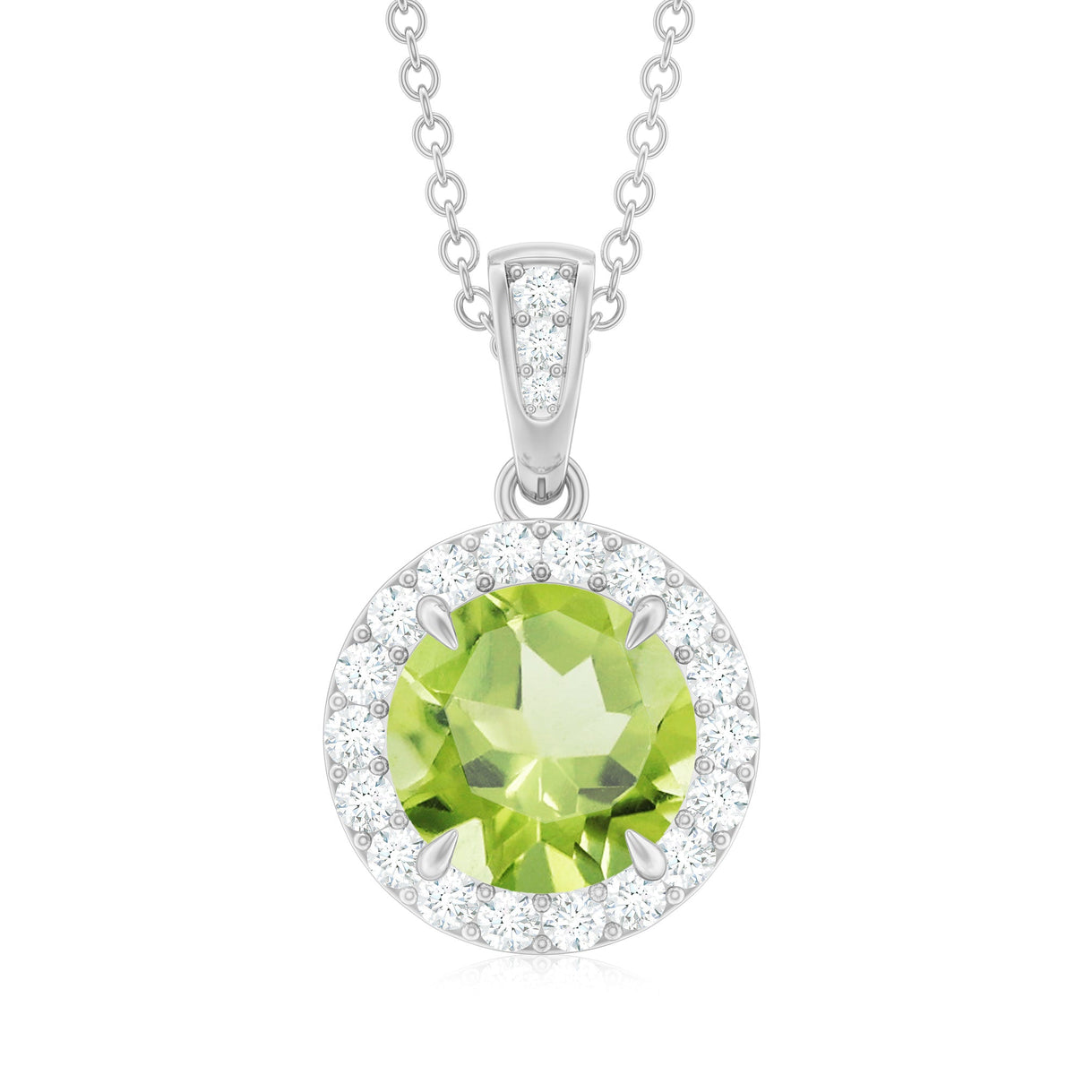 2 Carat Round Peridot and Diamond Halo Pendant Necklace