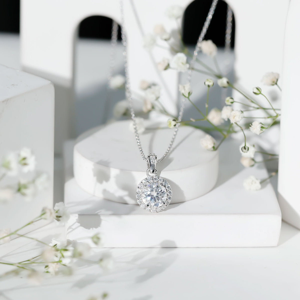 Certified 8 MM Round Cubic Zirconia Halo Necklace with Chain