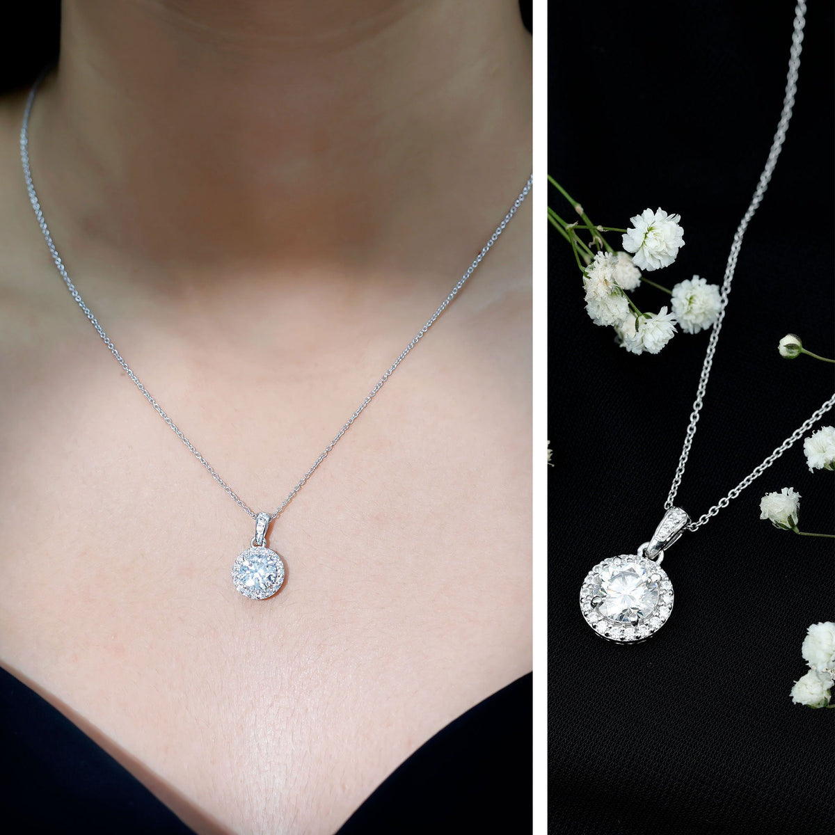 Certified 8 MM Round Cubic Zirconia Halo Necklace with Chain