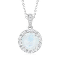 Claw Set 0.85 Carat Round Moonstone and Diamond Halo Pendant