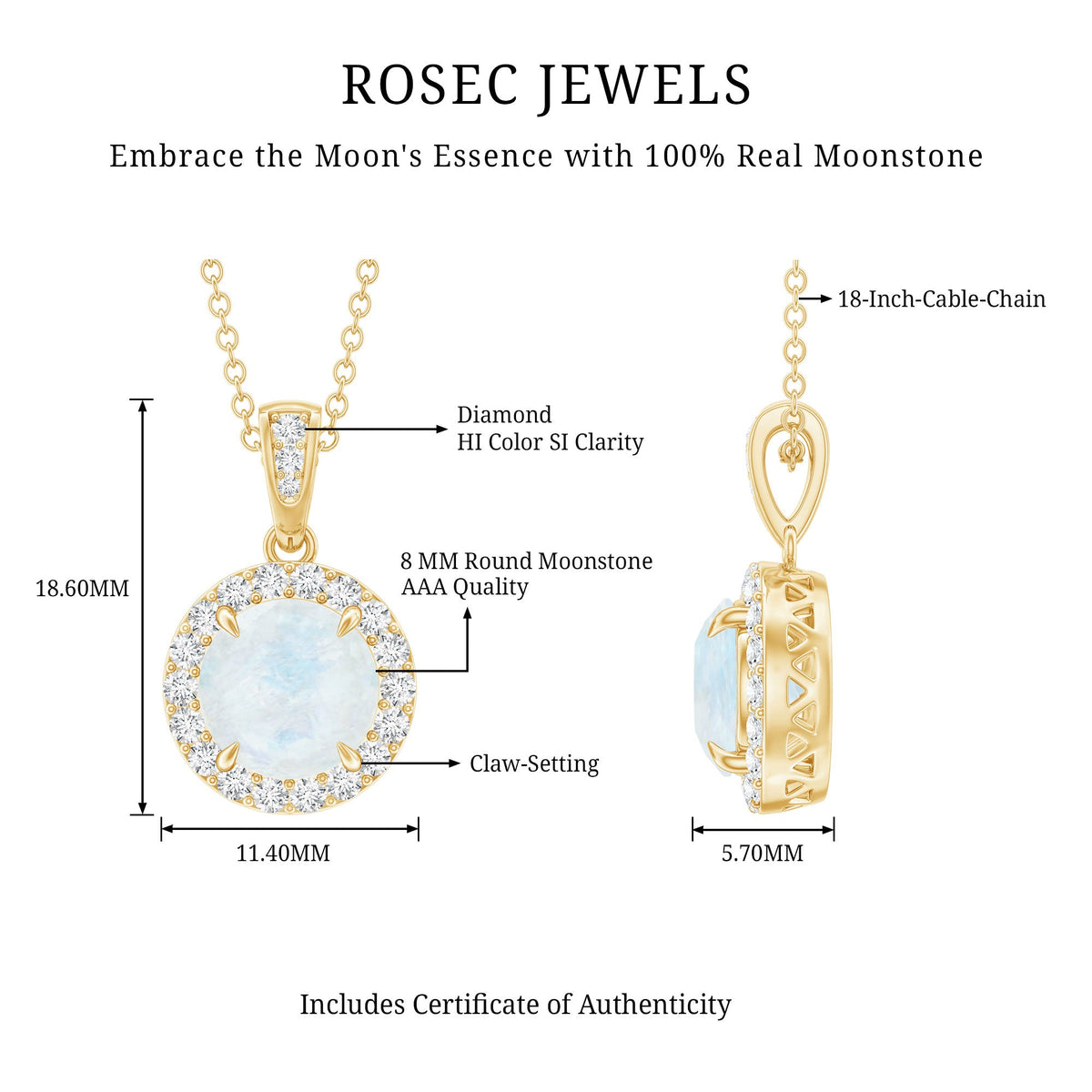 Claw Set 0.85 Carat Round Moonstone and Diamond Halo Pendant