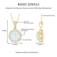 Claw Set 0.85 Carat Round Moonstone and Diamond Halo Pendant
