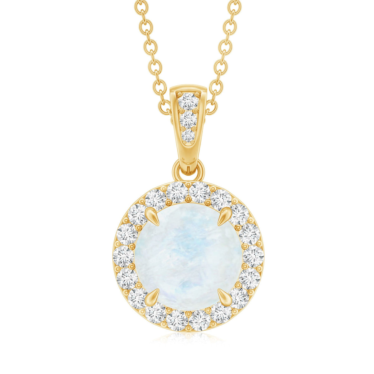 Claw Set 0.85 Carat Round Moonstone and Diamond Halo Pendant