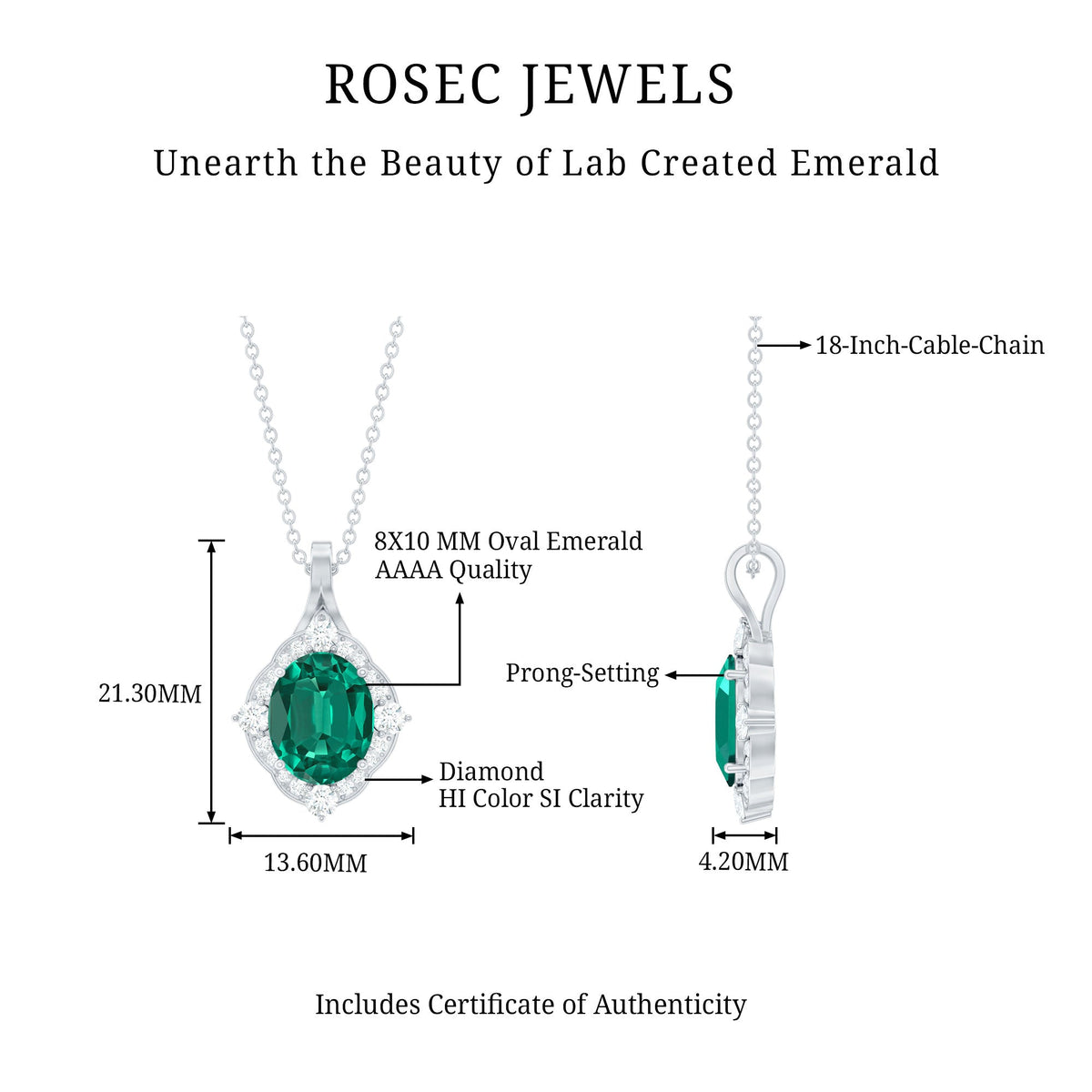 Certified 3 Carat Oval Lab Emerald and Diamond Vintage Necklace
