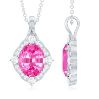 4 Carat Oval Lab Created Pink Sapphire Vintage Pendant with Diamonds