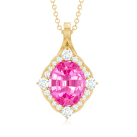 4 Carat Oval Lab Created Pink Sapphire Vintage Pendant with Diamonds