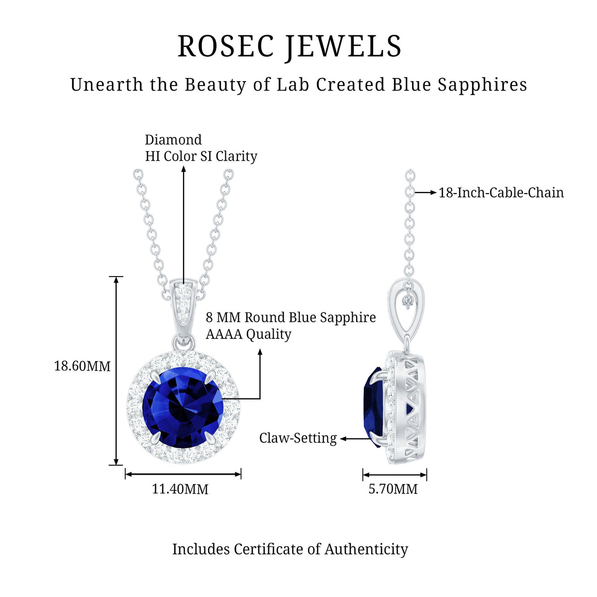 2.74 Carat Round Lab Created Blue Sapphire Halo Necklace with White Diamond