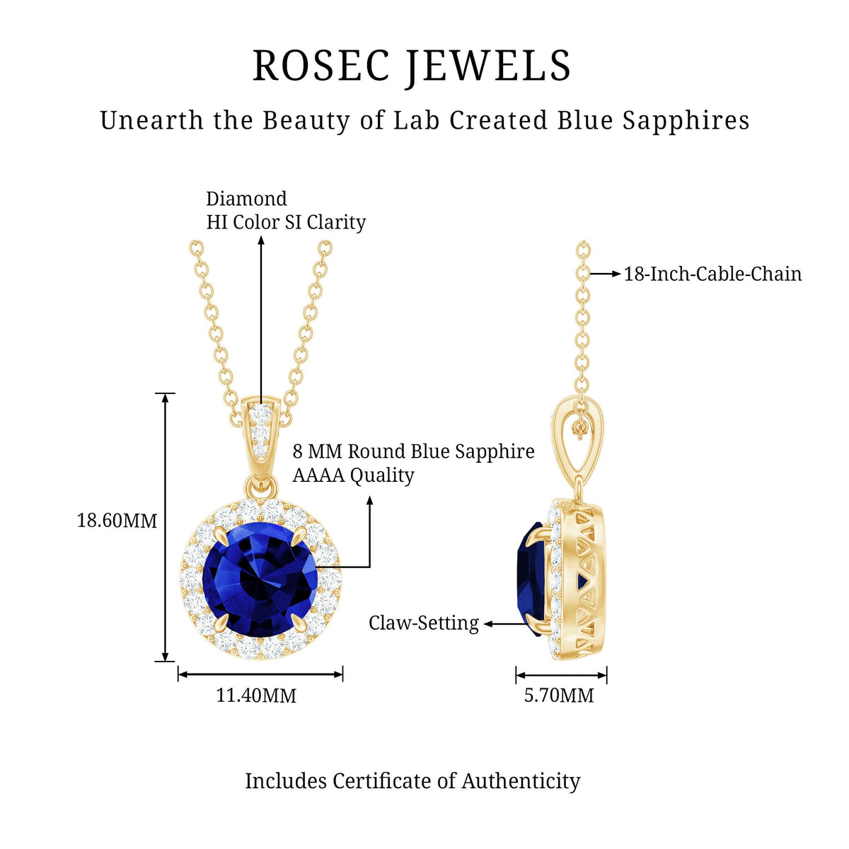 2.74 Carat Round Lab Created Blue Sapphire Halo Necklace with White Diamond