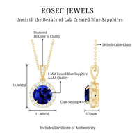 2.74 Carat Round Lab Created Blue Sapphire Halo Necklace with White Diamond