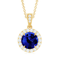 2.74 Carat Round Lab Created Blue Sapphire Halo Necklace with White Diamond