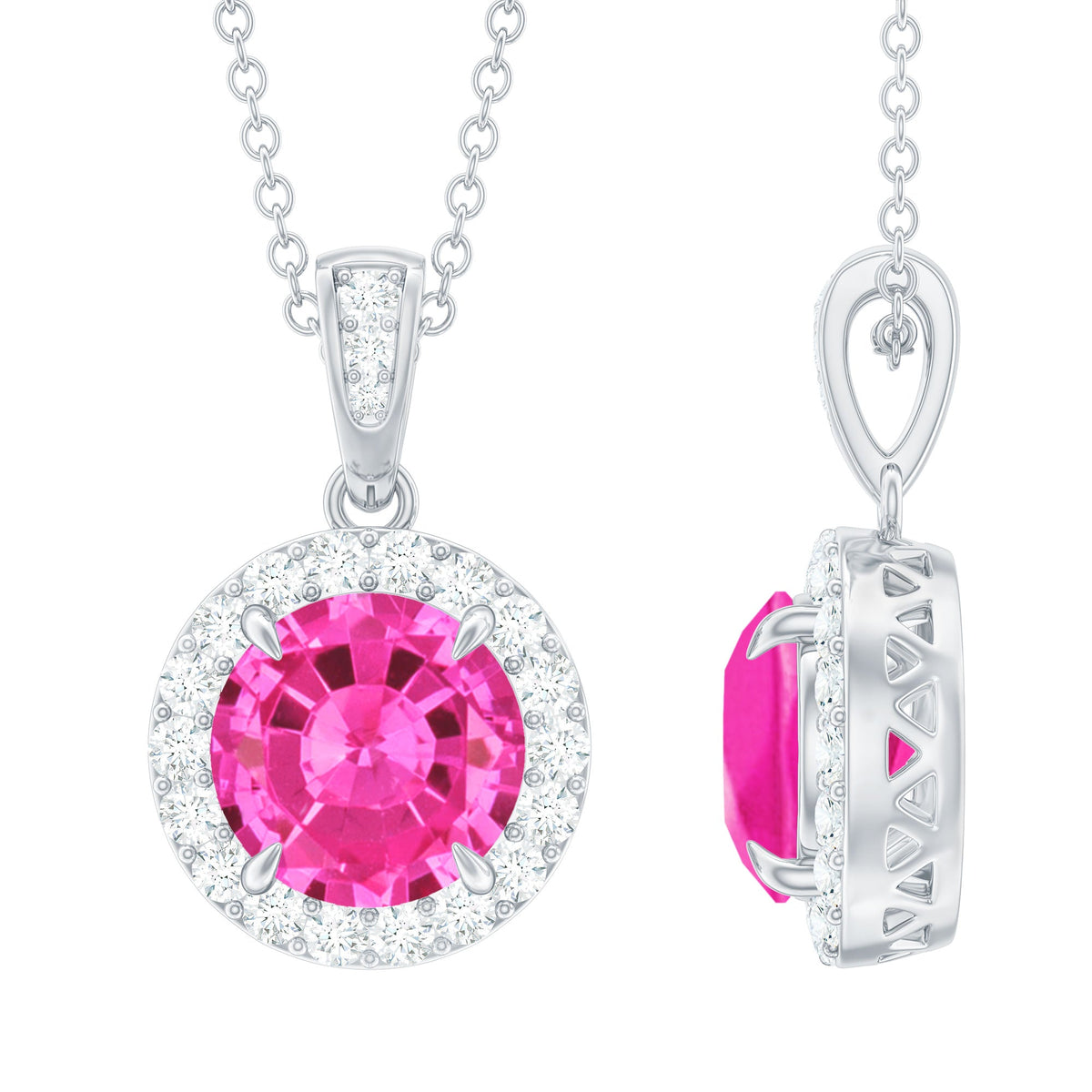 2.2 Carat Round Cut Lab Created Pink Sapphire and Diamond Necklace with Certificate