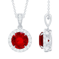 2.3 Carat Round Lab Created Ruby and Diamond Halo Pendant Necklace