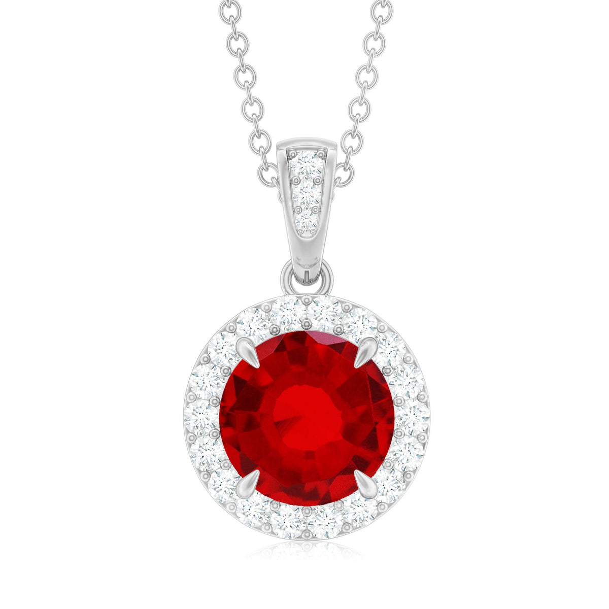 2.3 Carat Round Lab Created Ruby and Diamond Halo Pendant Necklace