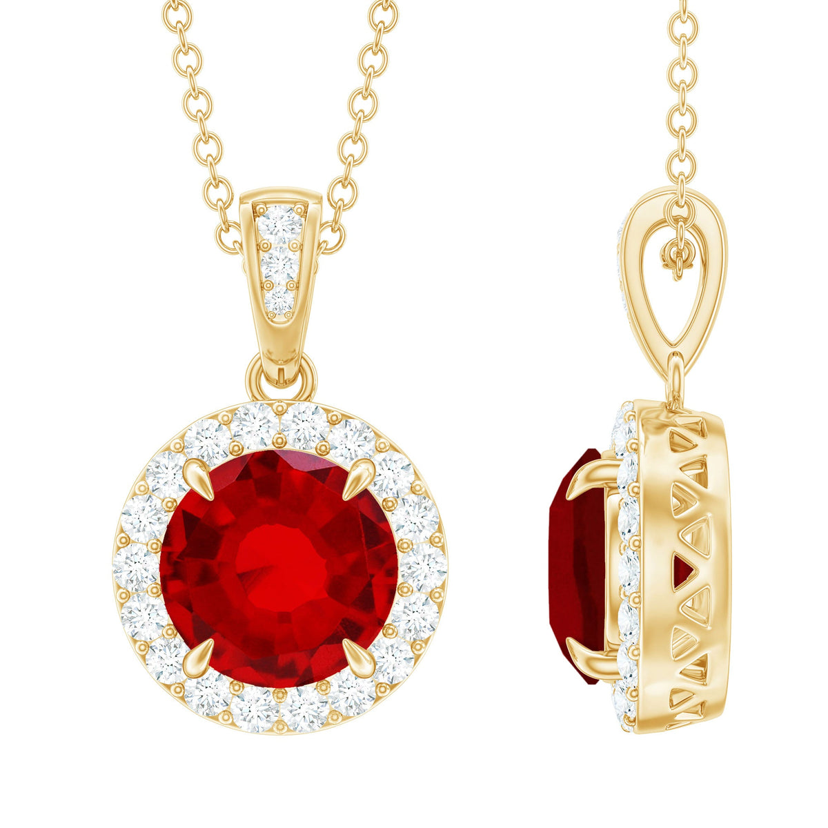 2.3 Carat Round Lab Created Ruby and Diamond Halo Pendant Necklace