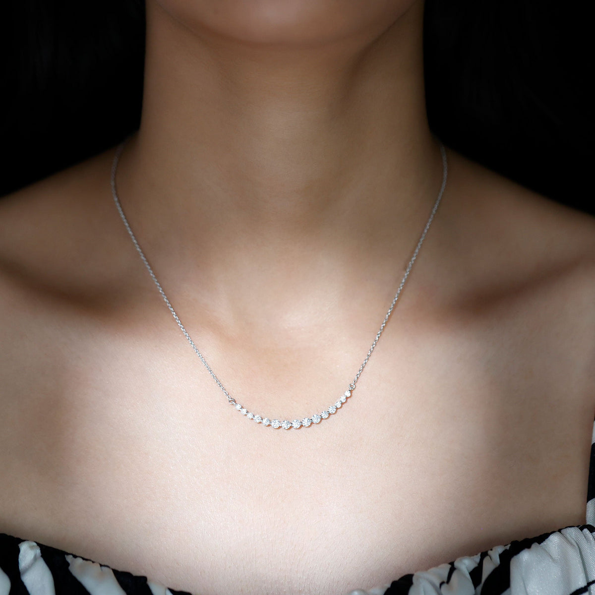 Moissanite curved bar pendant necklace for women by Rosec Jewels, featuring sparkling stones on a sleek curved design