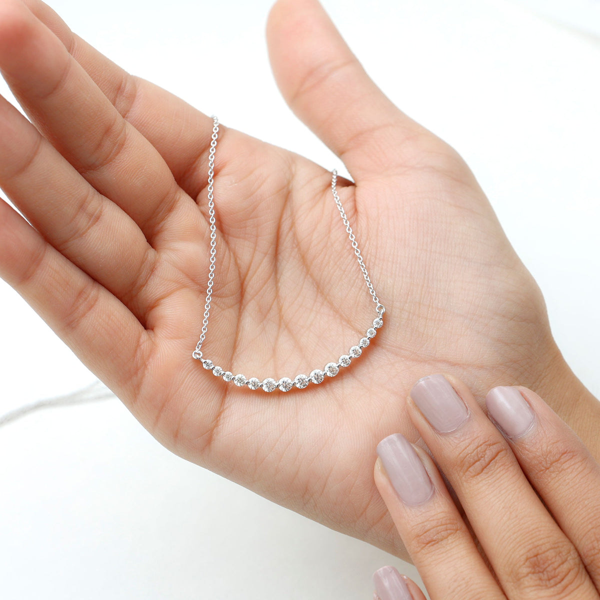 Moissanite curved bar pendant necklace for women by Rosec Jewels, showcasing a sleek, elegant jewelry design.