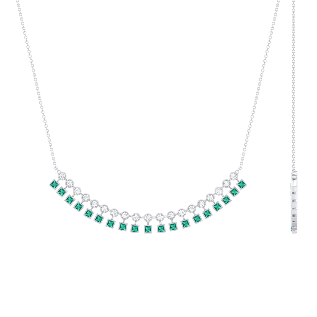 Lab grown emerald curved bar pendant necklace by Rosec Jewels featuring a sleek, elegant design with vibrant green emeralds.