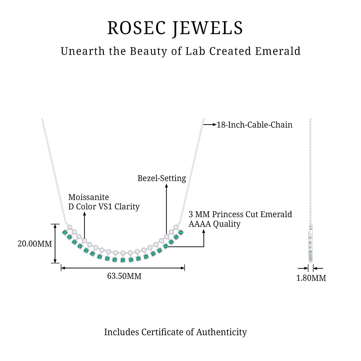 Certified lab-grown emerald curved bar pendant necklace by Rosec Jewels featuring a sleek, elegant design with vibrant green emeralds.
