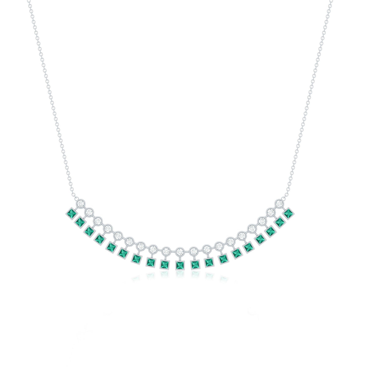 Lab grown emerald curved bar necklace pendant by Rosec Jewels featuring a sleek, elegant green gemstone design.