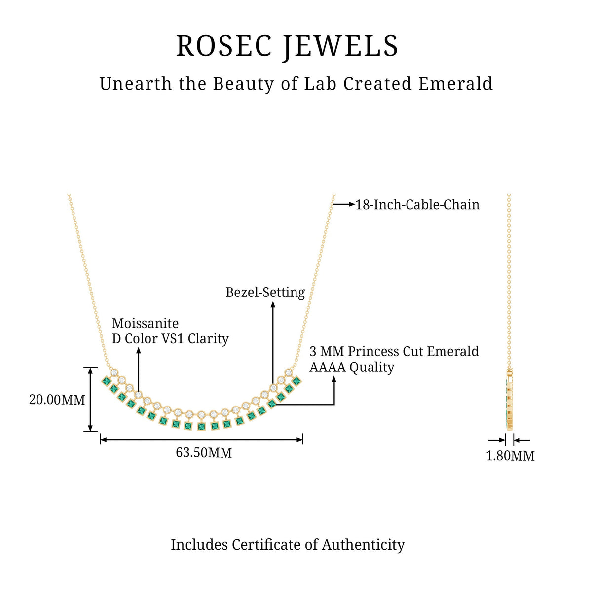 Certified lab-grown emerald curved bar pendant necklace by Rosec Jewels featuring a sleek, elegant design with a vibrant green emerald.