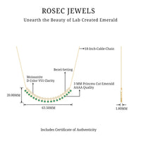 Certified lab-grown emerald curved bar pendant necklace by Rosec Jewels featuring a sleek, elegant design with a vibrant green emerald.