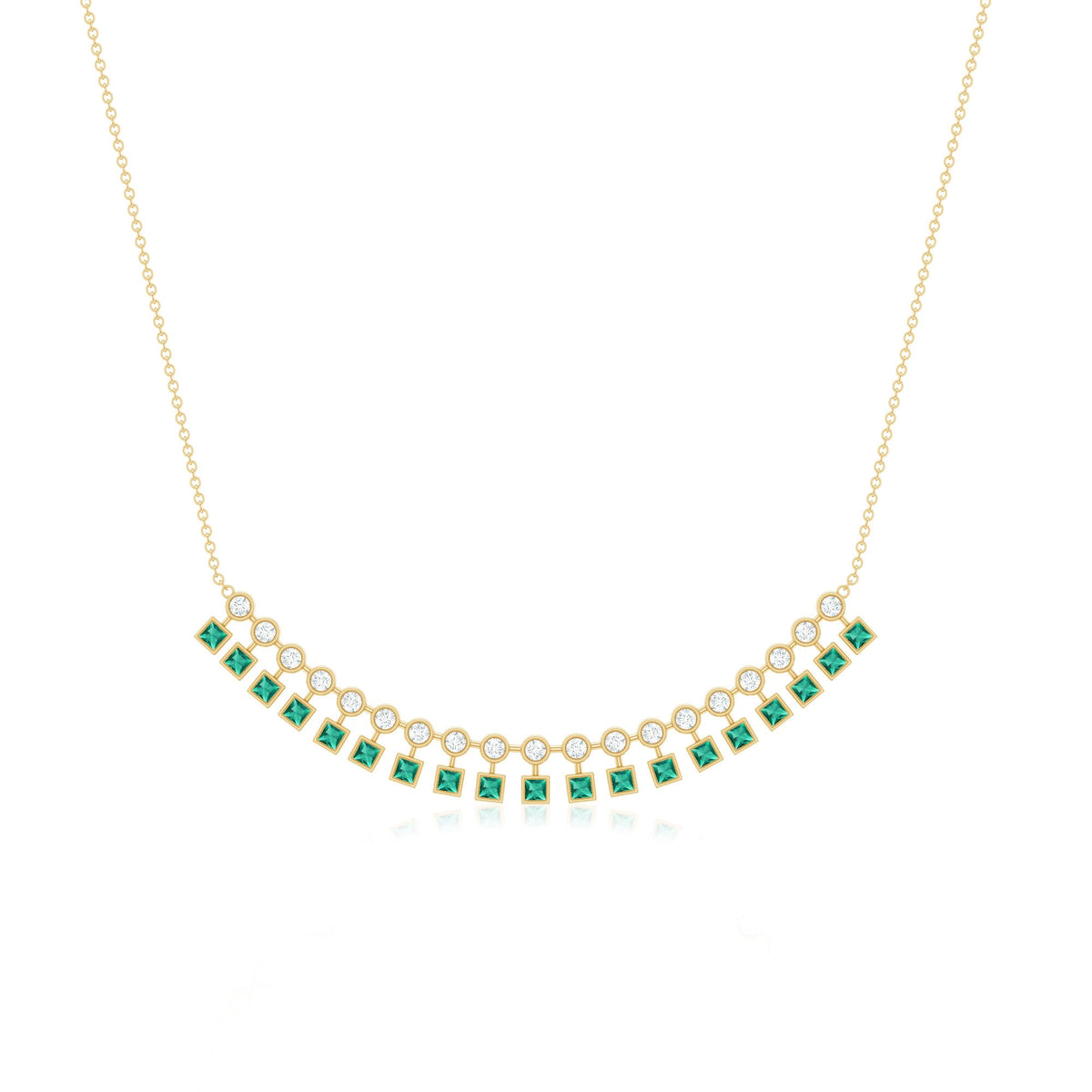 Certified lab-grown emerald curved bar pendant necklace by Rosec Jewels, featuring a sleek design with a vibrant green gemstone.